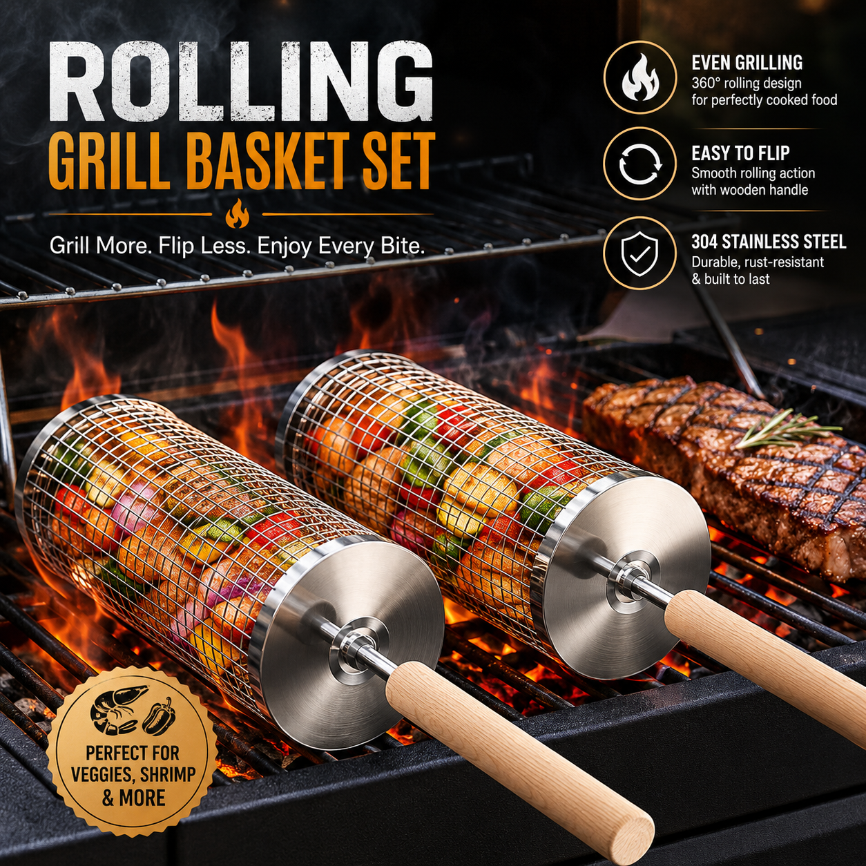 🔥 Last Day 50% OFF — Rolling Grill Basket Set 🥩 Grill Veggies, Shrimp & More with Ease