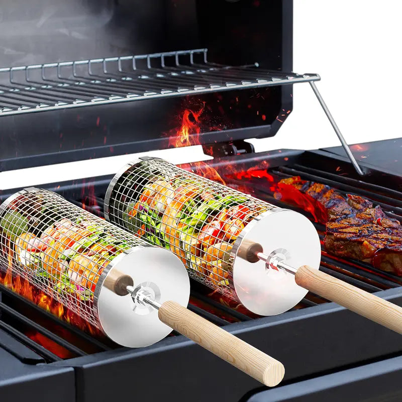 🔥 Last Day 50% OFF — Rolling Grill Basket Set 🥩 Grill Veggies, Shrimp & More with Ease
