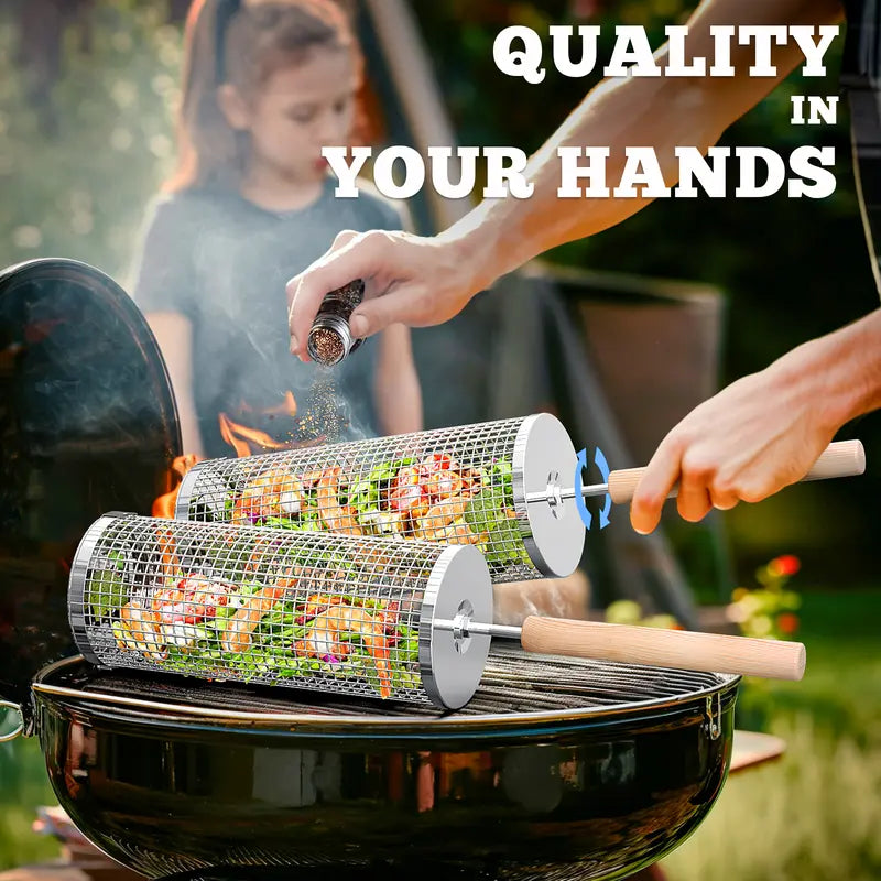 🔥 Last Day 50% OFF — Rolling Grill Basket Set 🥩 Grill Veggies, Shrimp & More with Ease