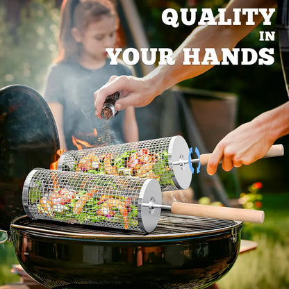 🔥 Last Day 50% OFF — Rolling Grill Basket Set 🥩 Grill Veggies, Shrimp & More with Ease