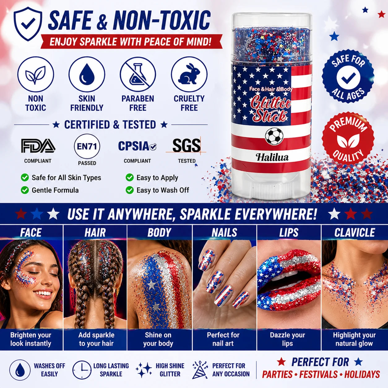 🦅4th of July Glitter Stick✨🔔Red, White & Blue Body & Hair Sparkle