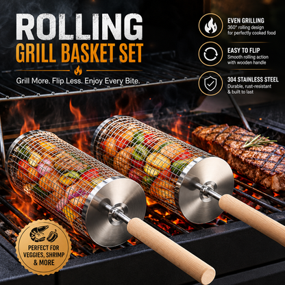 🔥 Last Day 50% OFF — Rolling Grill Basket Set 🥩 Grill Veggies, Shrimp & More with Ease
