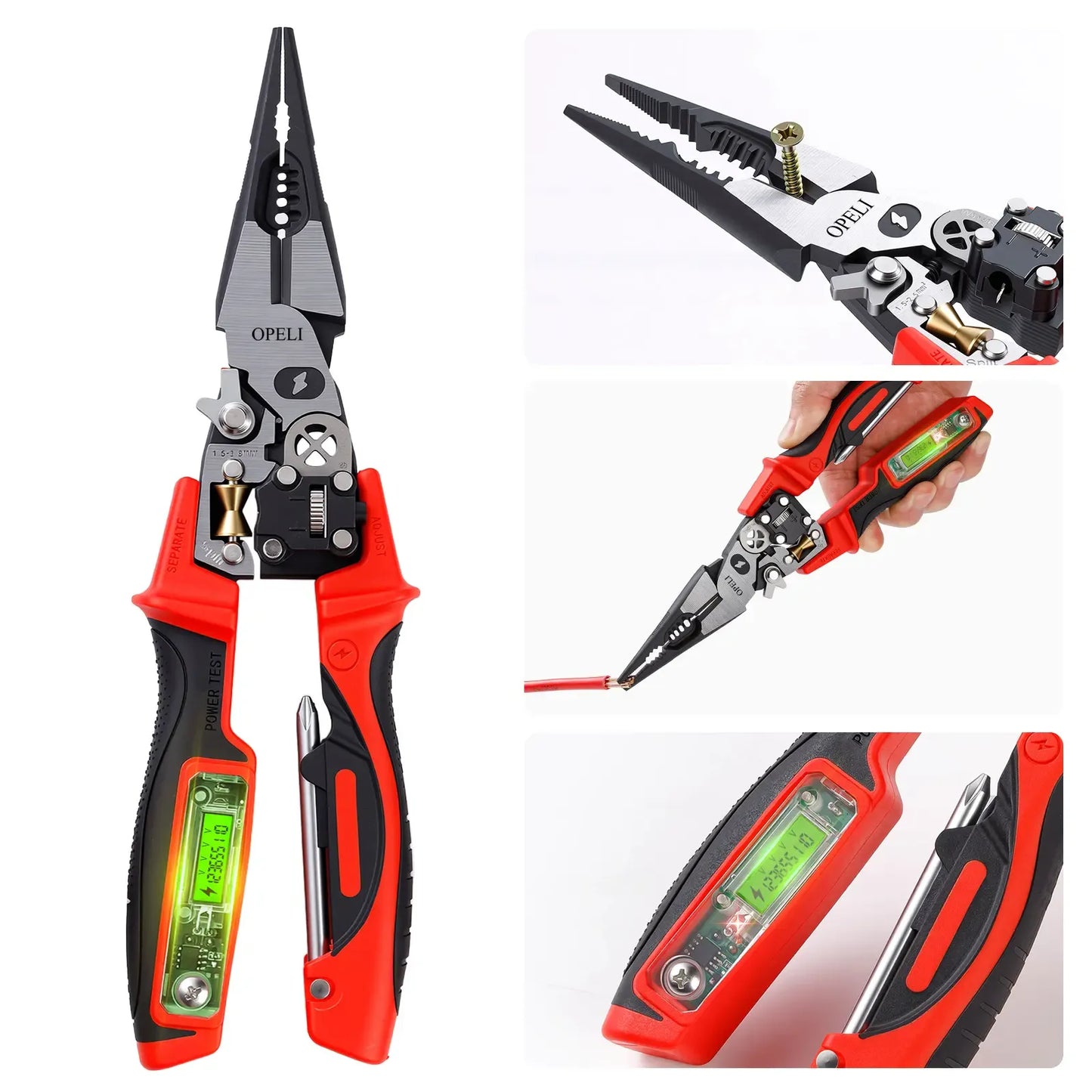 8-in-1 Multi-Function Wire Stripper Pliers Diagonal Cutters for Nails Electrical Cables Special Tools with number display Voltage Tester&Alarms, Detectable12-250V, Heavy-Duty Electrical Pliers&Wire Cutters-for Professionaland Home Use