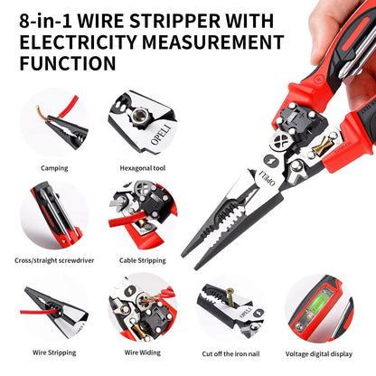 8-in-1 Multi-Function Wire Stripper Pliers Diagonal Cutters for Nails Electrical Cables Special Tools with number display Voltage Tester&Alarms, Detectable12-250V, Heavy-Duty Electrical Pliers&Wire Cutters-for Professionaland Home Use