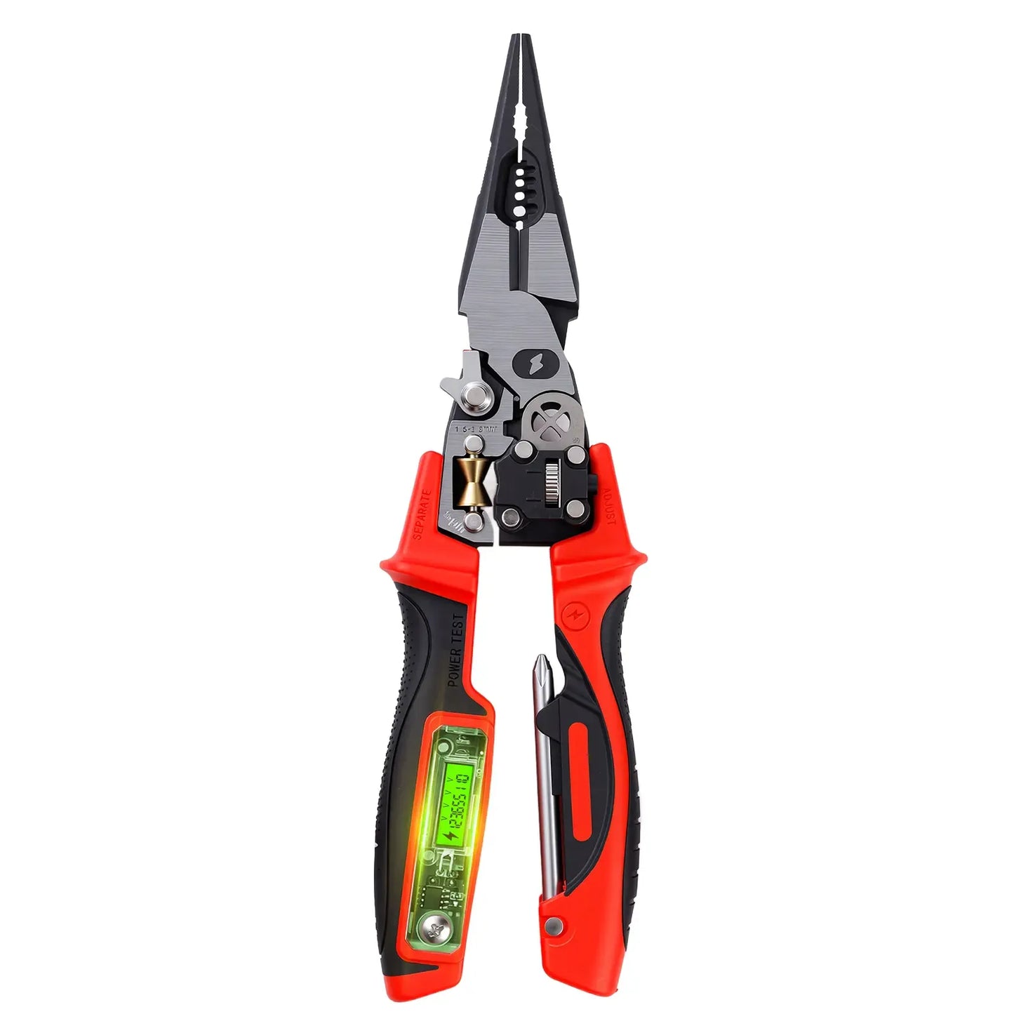 8-in-1 Multi-Function Wire Stripper Pliers Diagonal Cutters for Nails Electrical Cables Special Tools with number display Voltage Tester&Alarms, Detectable12-250V, Heavy-Duty Electrical Pliers&Wire Cutters-for Professionaland Home Use
