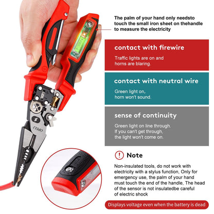 8-in-1 Multi-Function Wire Stripper Pliers Diagonal Cutters for Nails Electrical Cables Special Tools with number display Voltage Tester&Alarms, Detectable12-250V, Heavy-Duty Electrical Pliers&Wire Cutters-for Professionaland Home Use